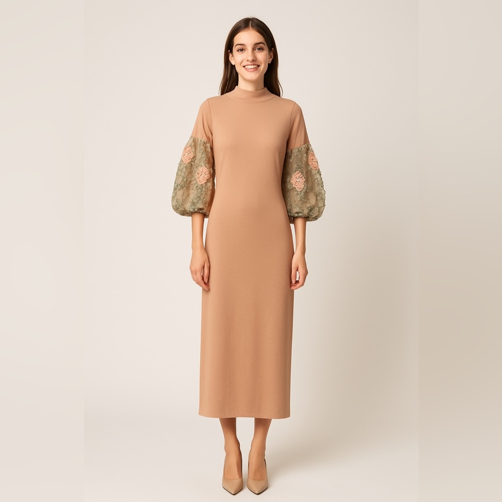 Column dress w/ sheer huge puff sleeves. Size S (estimated) Q